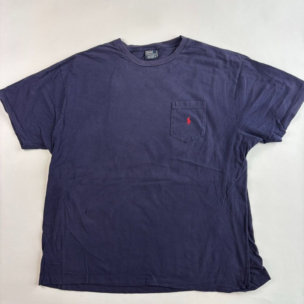 Vintage Polo Ralph Lauren Mens Pocket T-Shirt XL Blue *Hole* 90s Y2K Boxy Preppy